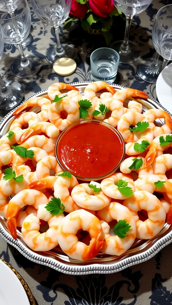 A platter of shrimp cocktail appetizers with shrimp and cocktail sauce, garnished with parsley.